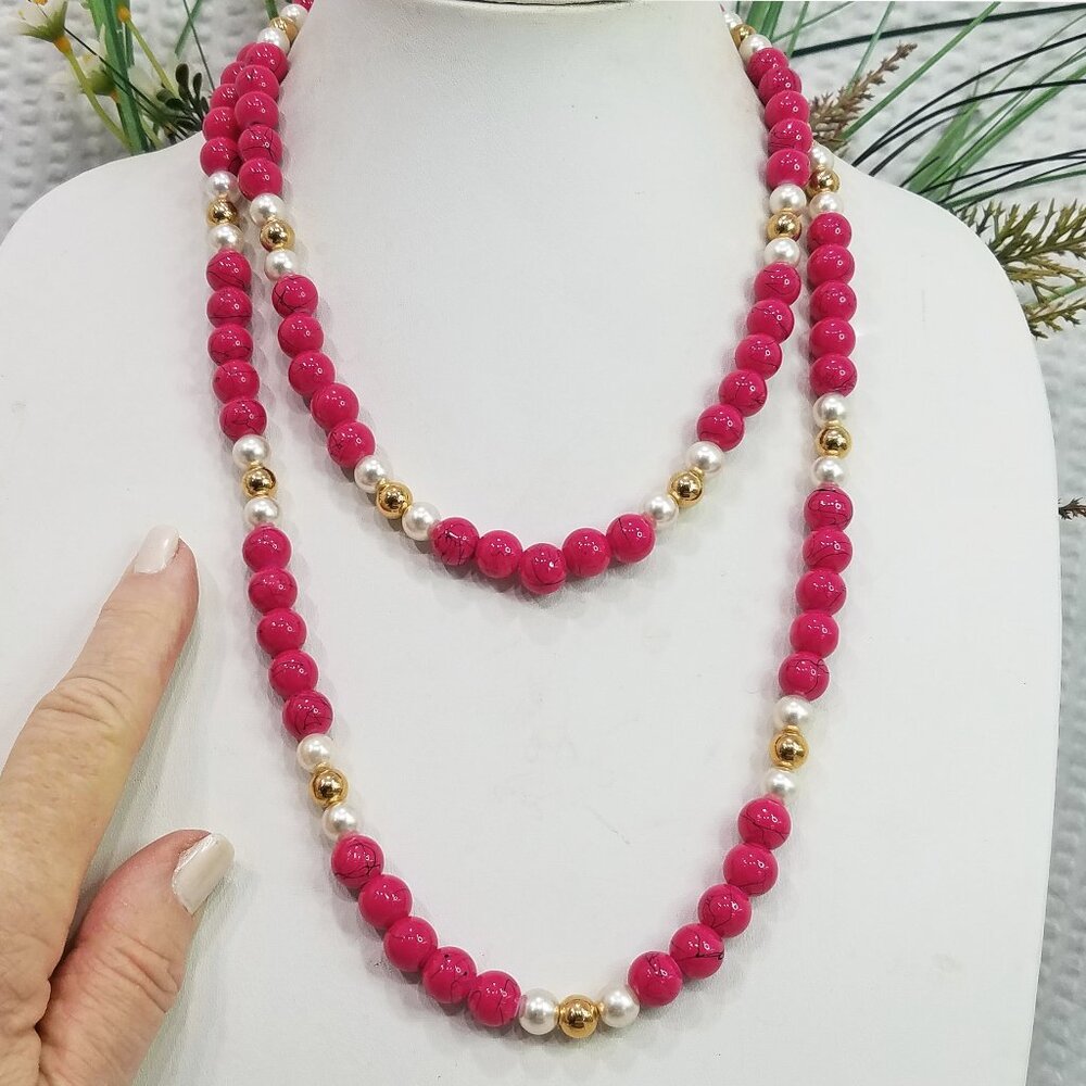 Vintage Hot Pink Ceramic Bead With Pearl & Gold Tone Bead 45" Station Necklace